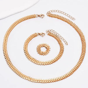Elegant Fishbone Jewelry Set - Necklace, Bracelet, and Ring in Stainless Steel and Copper