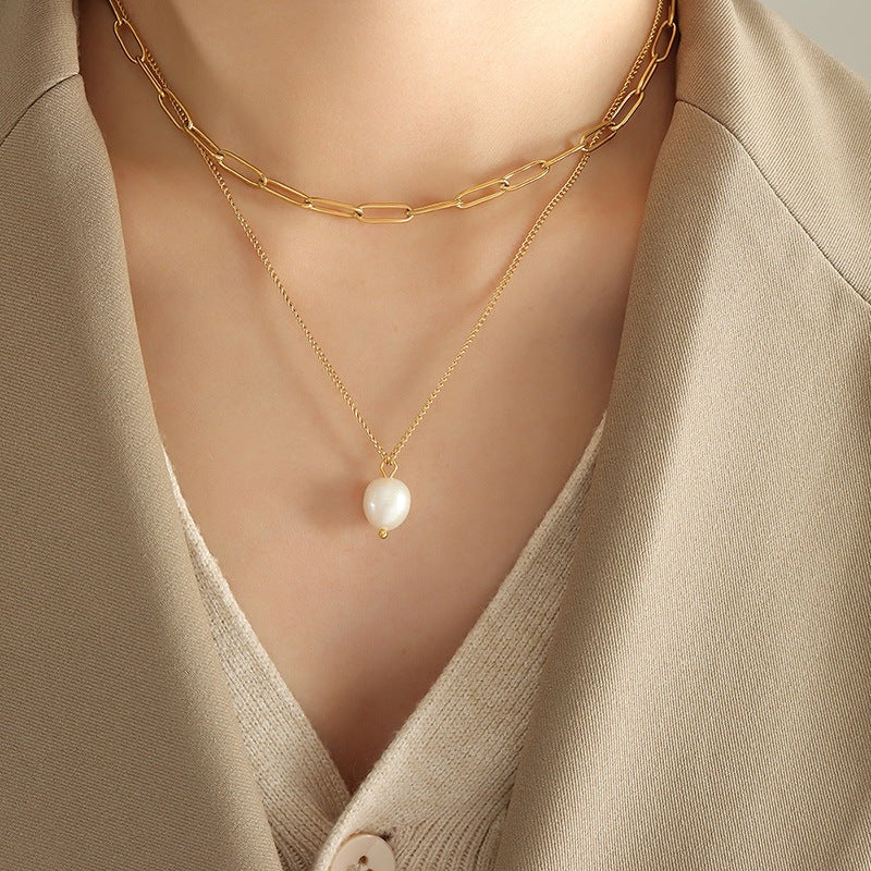Elegant Freshwater Pearl Necklace with 18k Gold-Plated Paperclip Chain – Waterproof and Hypoallergenic Design for Women