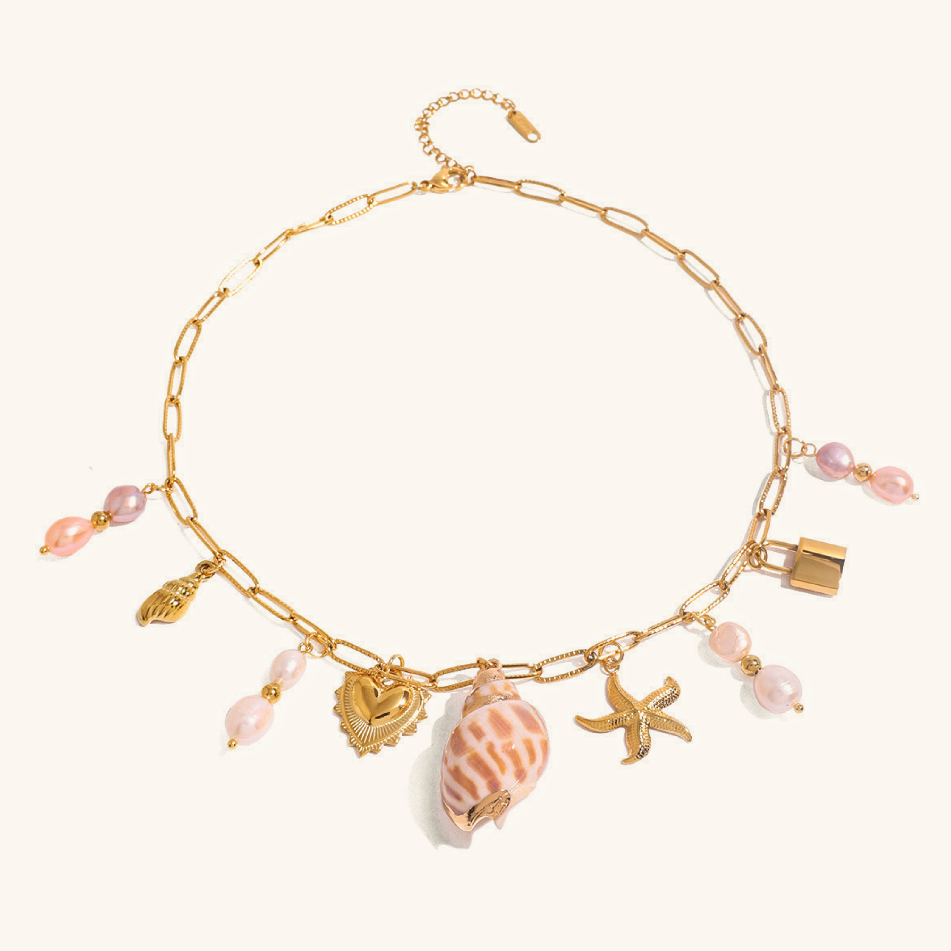 Elegant Gold Freshwater Pearl Necklace with Ocean-Inspired Charms – 16 Inch Adjustable Length