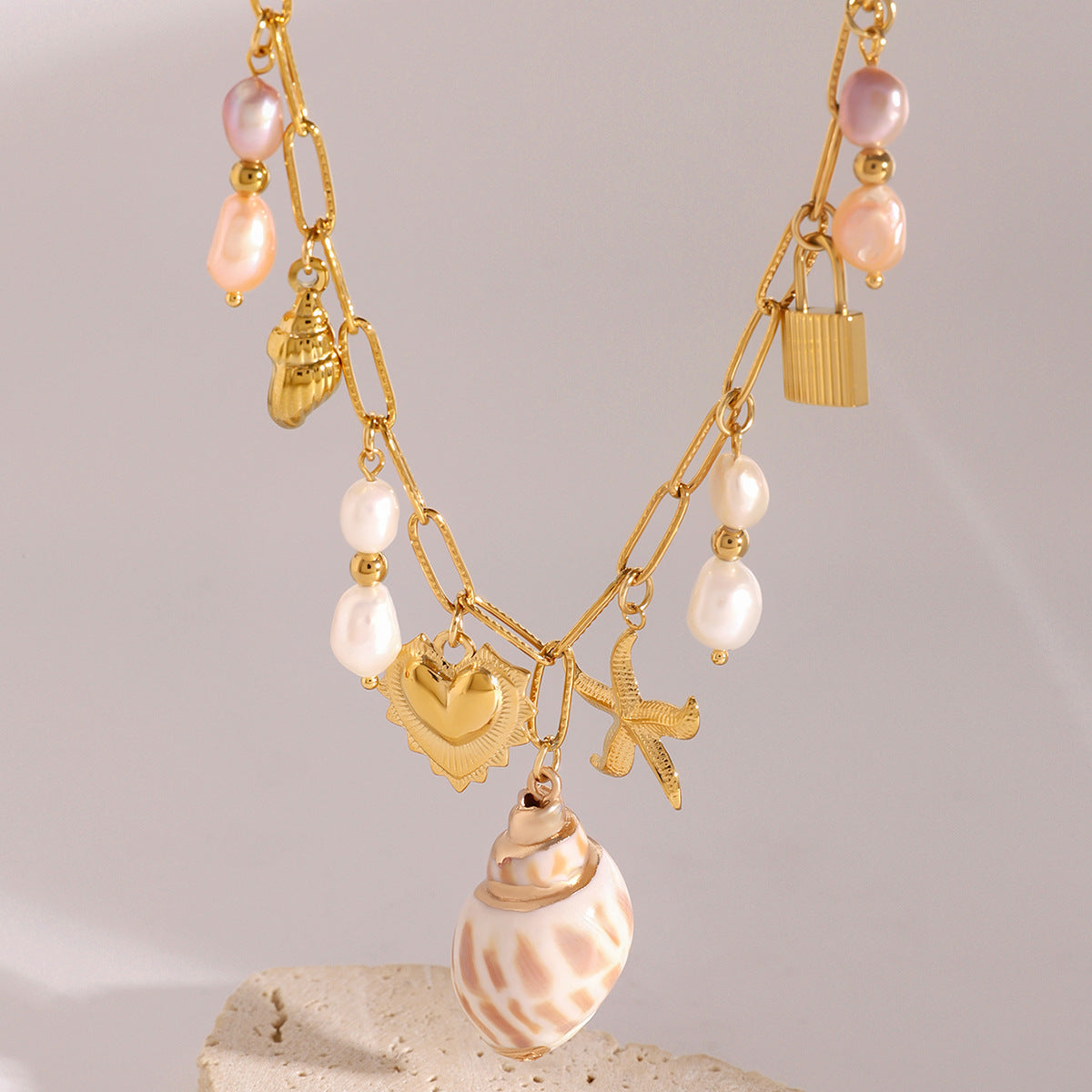 Elegant Gold Freshwater Pearl Necklace with Ocean-Inspired Charms – 16 Inch Adjustable Length