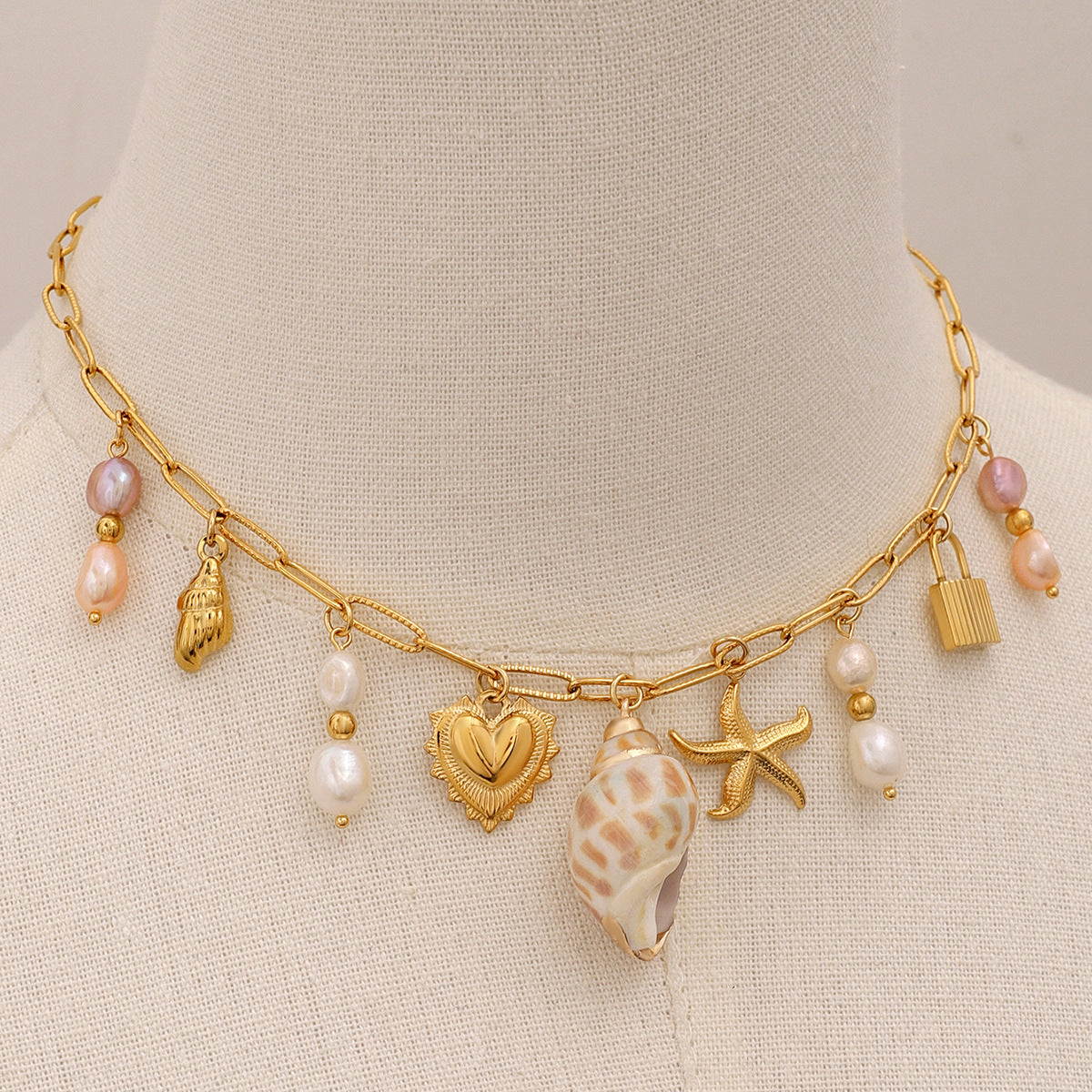 Elegant Gold Freshwater Pearl Necklace with Ocean-Inspired Charms – 16 Inch Adjustable Length