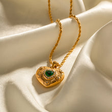 Load image into Gallery viewer, Elegant Gold Heart Necklace with Diamond Simulants and Emerald Centerpiece – 18k Gold-Plated Stainless Steel Jewelry
