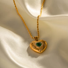 Load image into Gallery viewer, Elegant Gold Heart Necklace with Diamond Simulants and Emerald Centerpiece – 18k Gold-Plated Stainless Steel Jewelry
