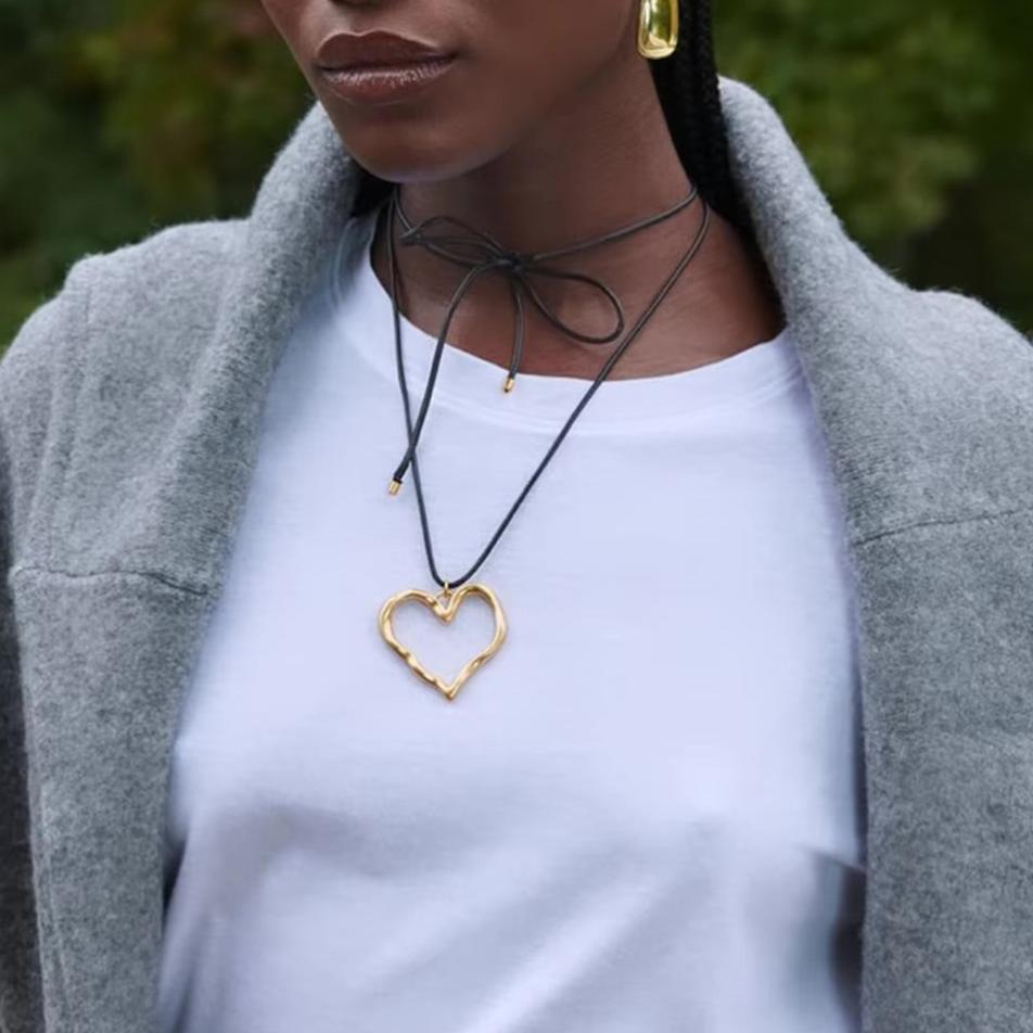 Elegant Gold Heart Pendant Necklace with Black Rope – Hypoallergenic and Waterproof 58 Inch