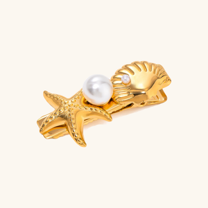 Elegant Gold Seashell Hair Clip with Freshwater Pearl and Starfish Design – Hypoallergenic and Waterproof