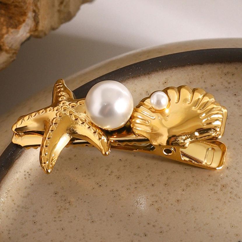 Elegant Gold Seashell Hair Clip with Freshwater Pearl and Starfish Design – Hypoallergenic and Waterproof