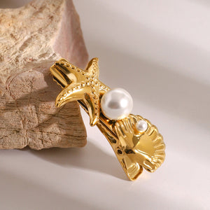 Elegant Gold Seashell Hair Clip with Freshwater Pearl and Starfish Design – Hypoallergenic and Waterproof