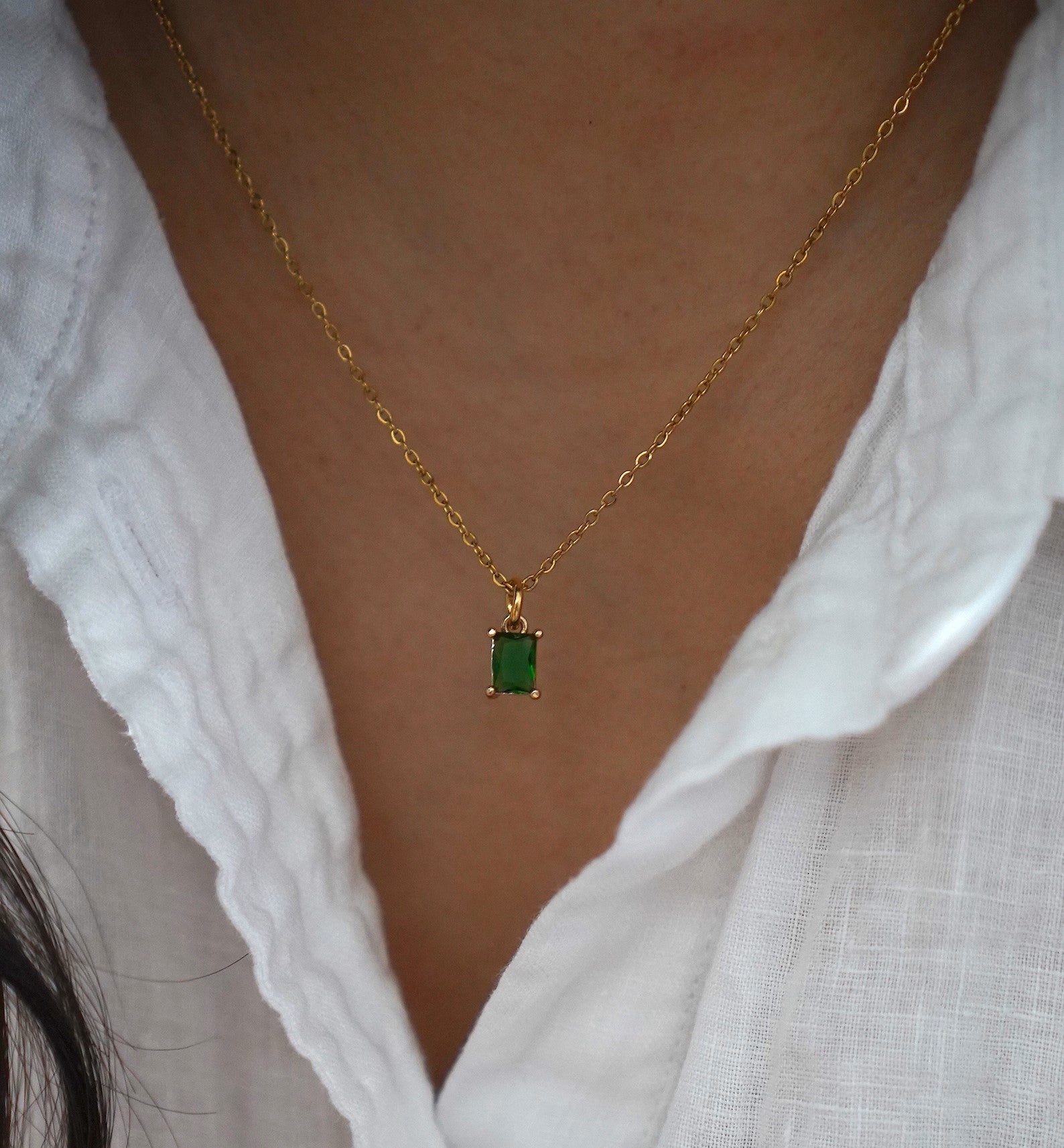 Elegant Green Necklace with 18k Gold Plating, Diamond Simulants, Waterproof, Hypoallergenic - 16 Inch