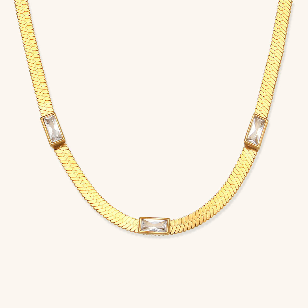 Elegant Herringbone Gold Necklace for Women with AAAA Diamond Simulants – 14 Inch Adjustable Gold Chain