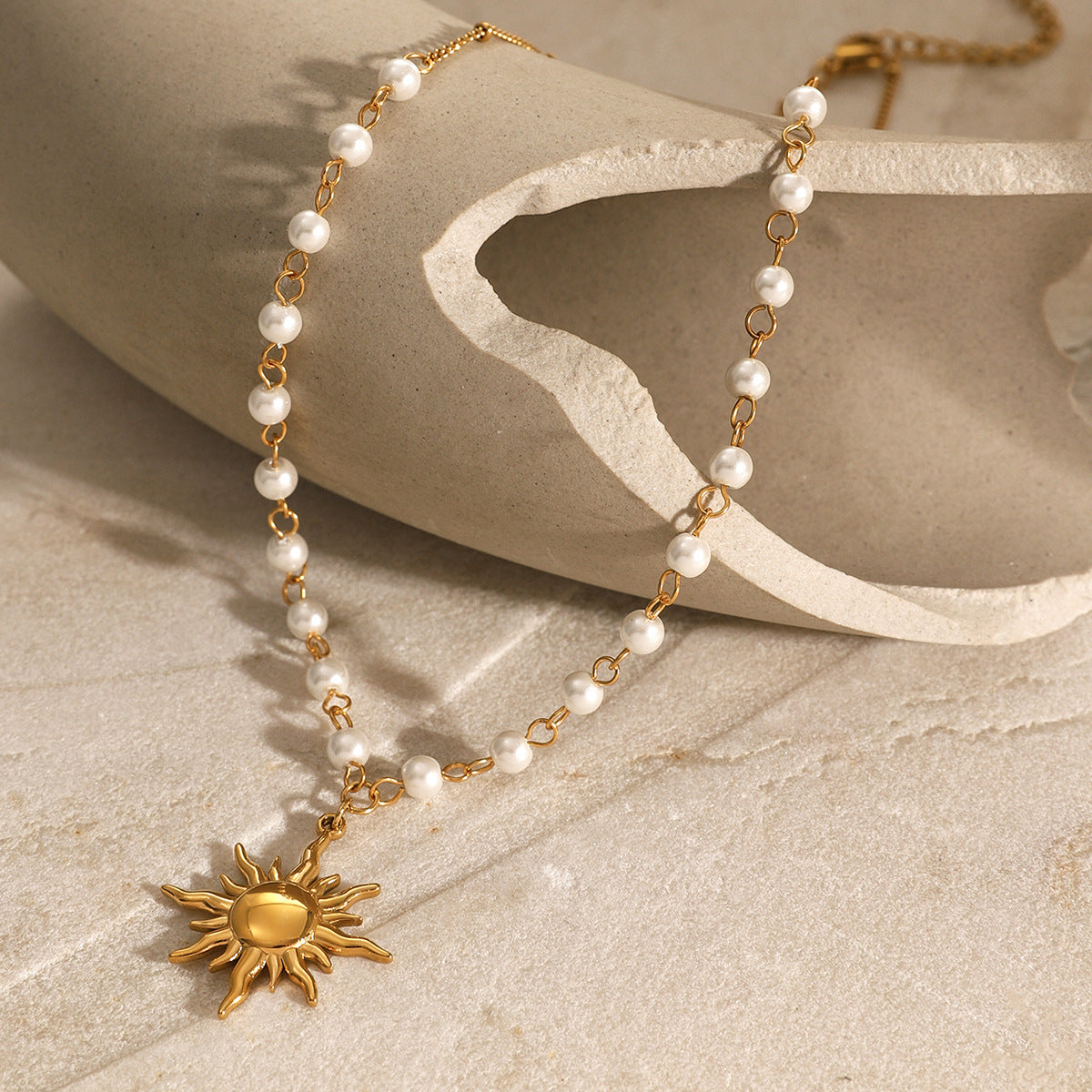 Elegant Pearl Necklace with Sun Pendant – Waterproof Freshwater Pearls, Adjustable 16 Inches, Hypoallergenic Design