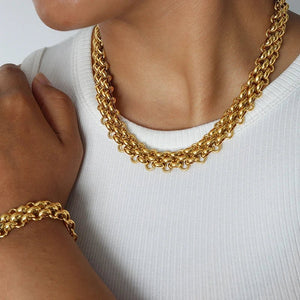 Elegant Rice Bead Jewelry Set for Women – Gold and Silver Necklace and Bracelet with Circle Clasp Closure