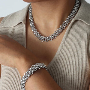 Elegant Rice Bead Jewelry Set for Women – Gold and Silver Necklace and Bracelet with Circle Clasp Closure