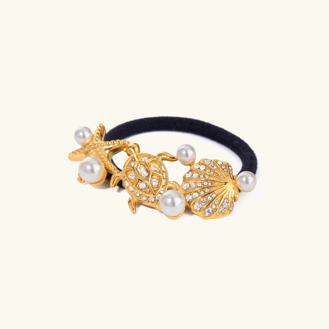 Elegant Waterproof Pony Cuff with 18k Gold Starfish and Freshwater Pearls