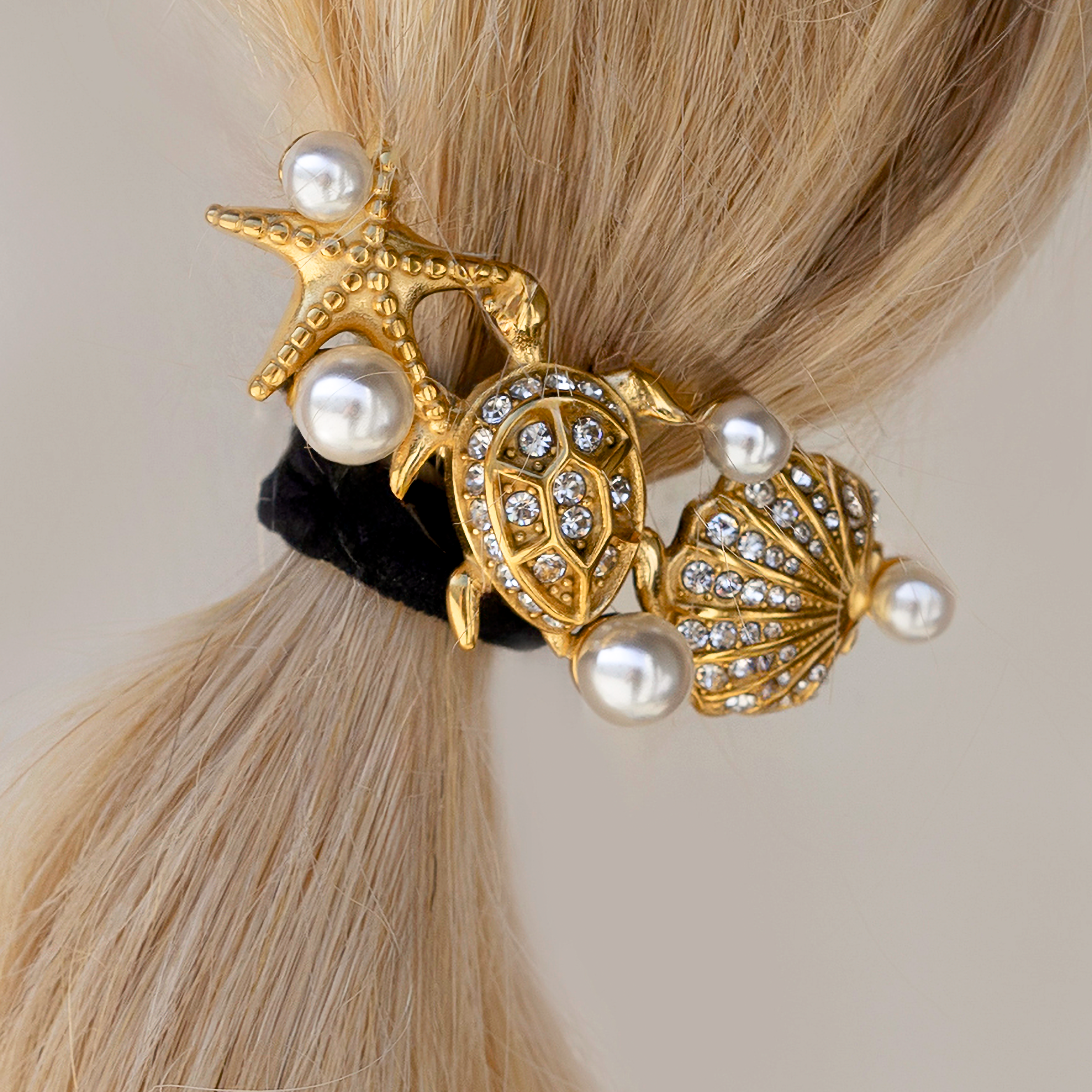Elegant Waterproof Pony Cuff with 18k Gold Starfish and Freshwater Pearls