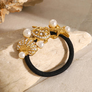 Elegant Waterproof Pony Cuff with 18k Gold Starfish and Freshwater Pearls