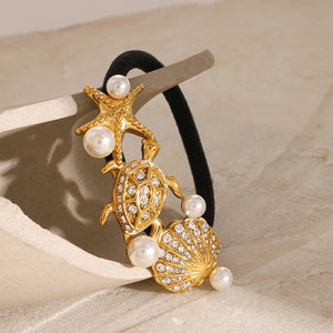 Elegant Waterproof Pony Cuff with 18k Gold Starfish and Freshwater Pearls