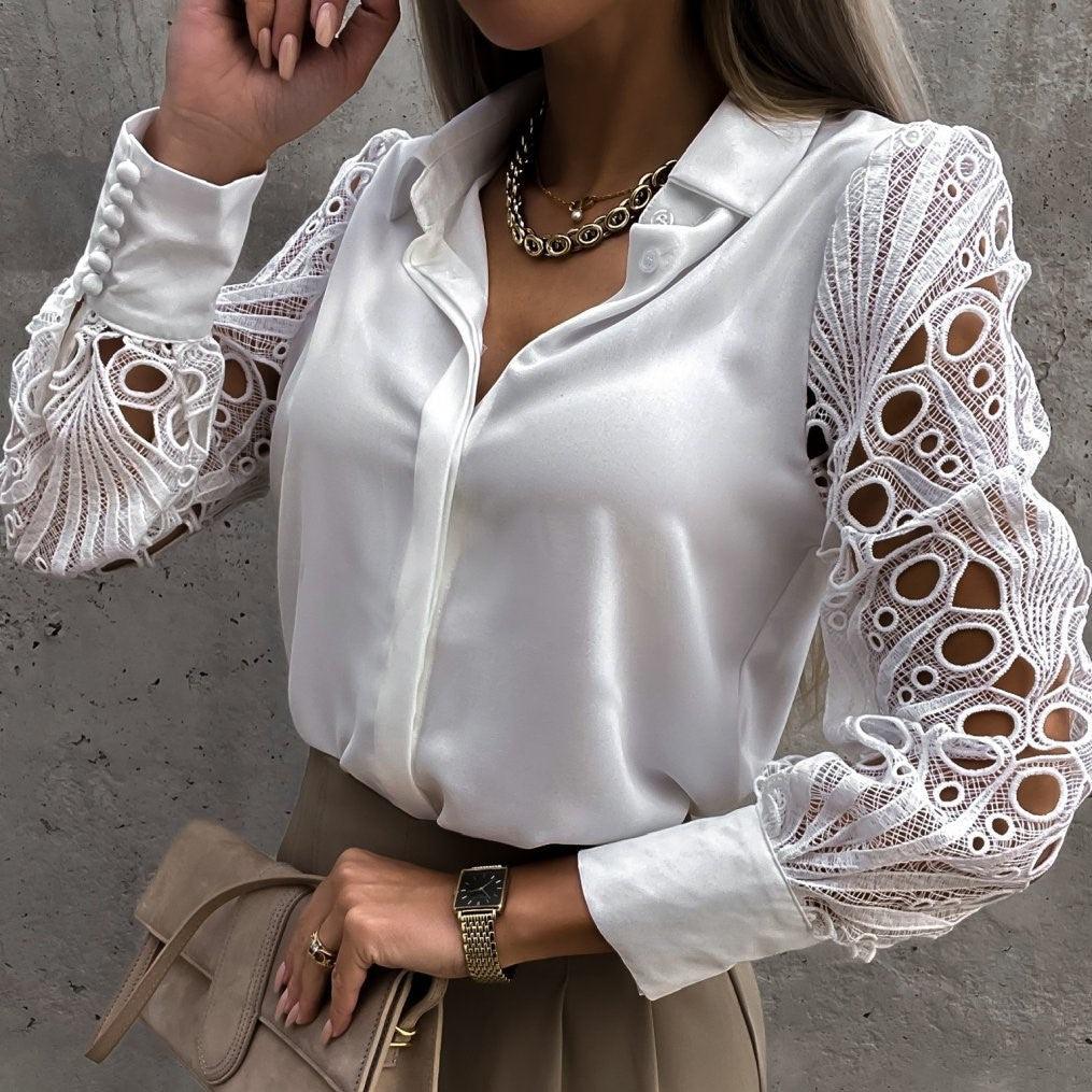Elegant Women's Blouse with Lace Long Sleeves and Silky Finish – Versatile Button-Down Long Sleeve Top for Formal and Casual Wear