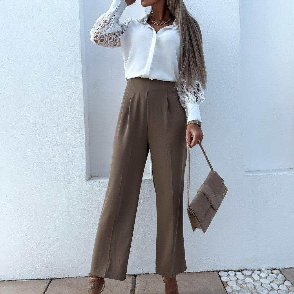 Elegant Women's Blouse with Lace Long Sleeves and Silky Finish – Versatile Button-Down Long Sleeve Top for Formal and Casual Wear