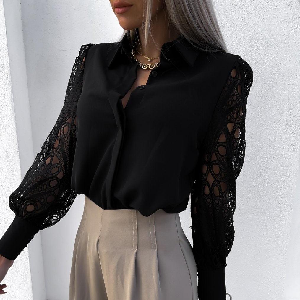 Elegant Women's Blouse with Lace Long Sleeves and Silky Finish – Versatile Button-Down Long Sleeve Top for Formal and Casual Wear