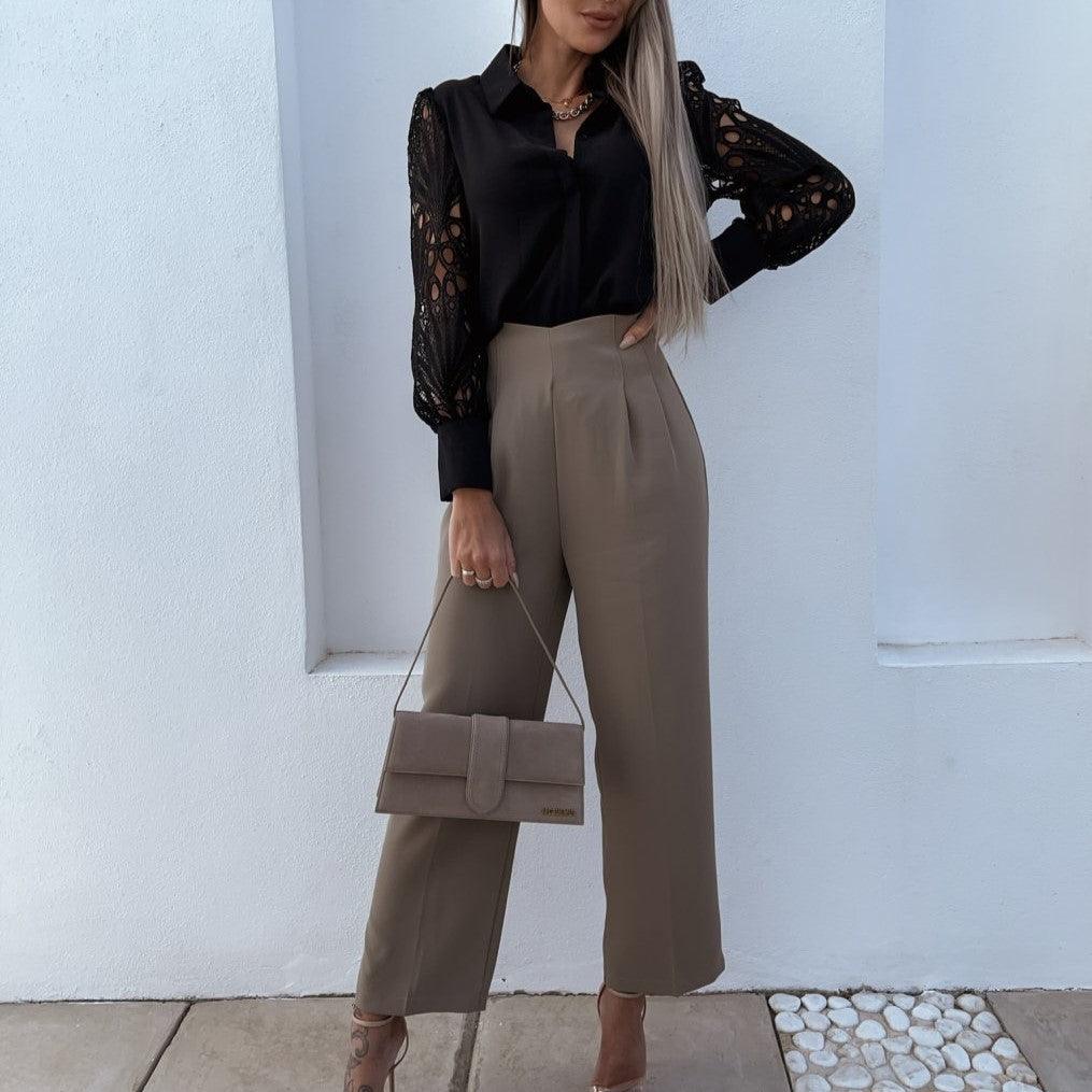 Elegant Women's Blouse with Lace Long Sleeves and Silky Finish – Versatile Button-Down Long Sleeve Top for Formal and Casual Wear