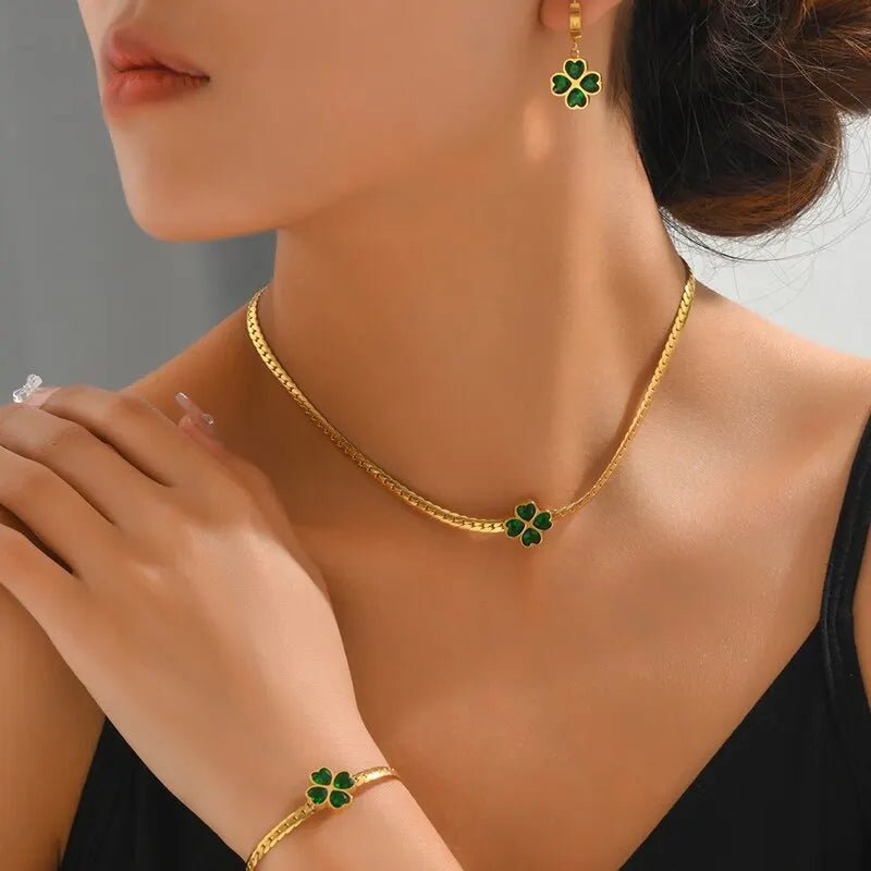 Emerald Four Leaf Clover Jewelry Set - Necklace and Earring Set with Bracelet, Gold Accents, and Modern Design