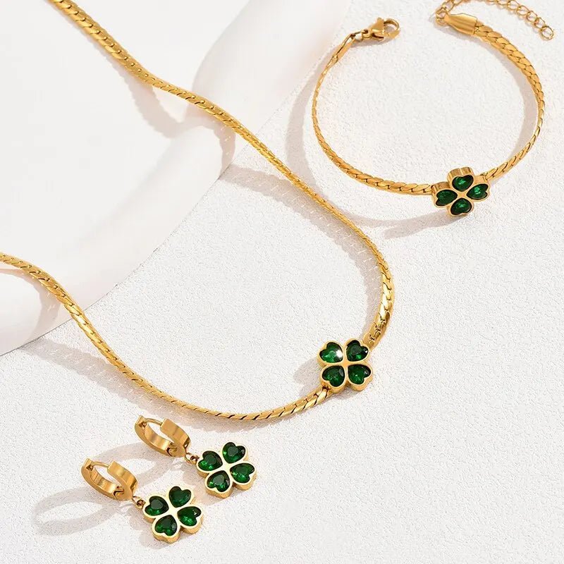 Emerald Four Leaf Clover Jewelry Set - Necklace and Earring Set with Bracelet, Gold Accents, and Modern Design