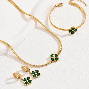 Emerald Four Leaf Clover Jewelry Set - Necklace and Earring Set with Bracelet, Gold Accents, and Modern Design