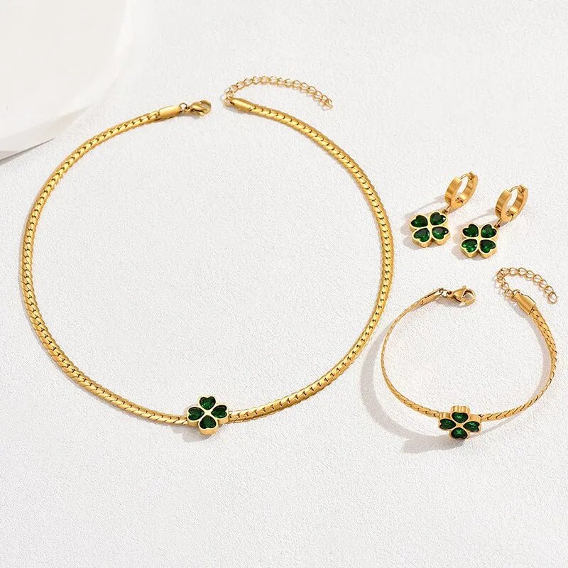Emerald Four Leaf Clover Jewelry Set - Necklace and Earring Set with Bracelet, Gold Accents, and Modern Design