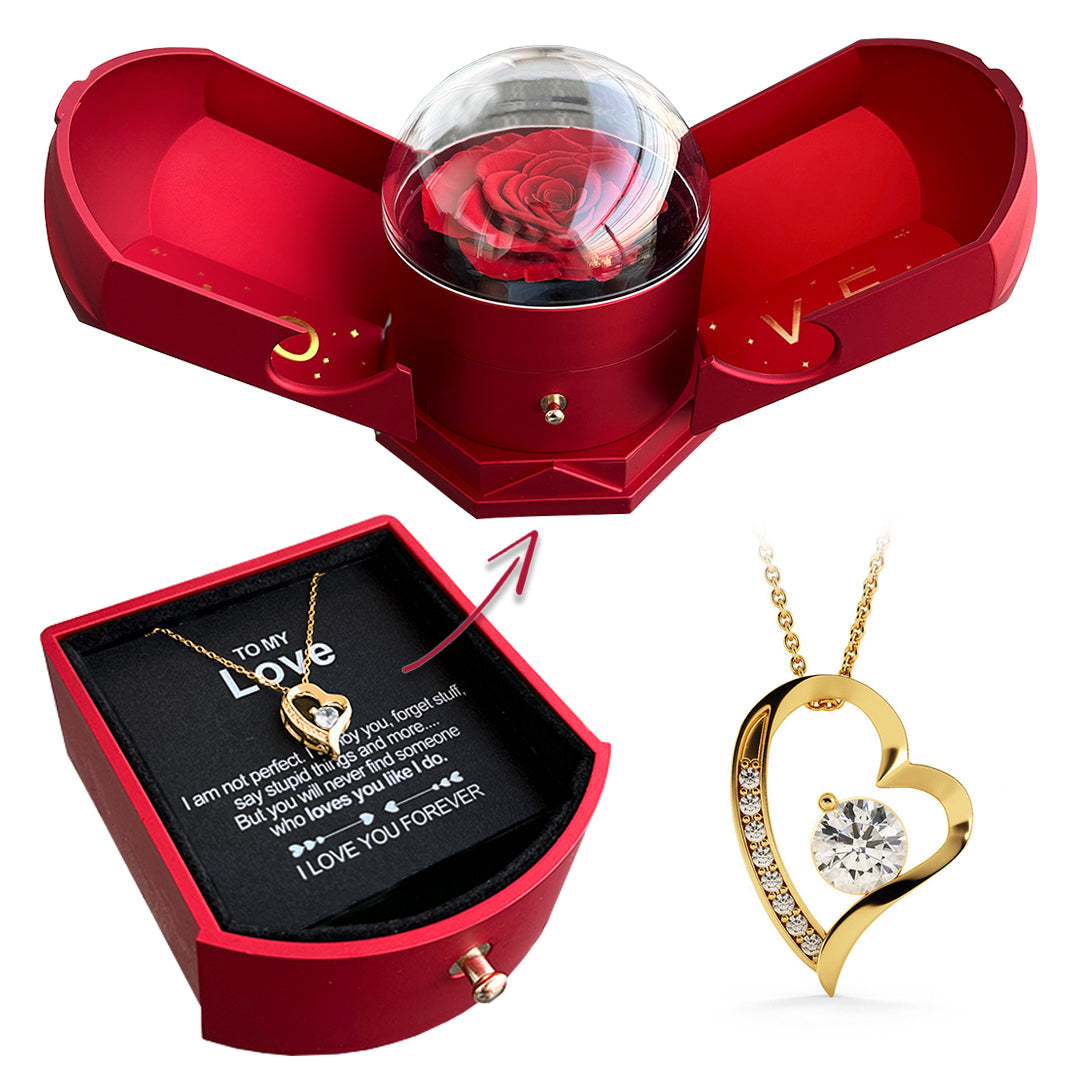 Eternal Rose Gift Box with Diamond Heart Necklace – Romantic Keepsake Gift Set for Her