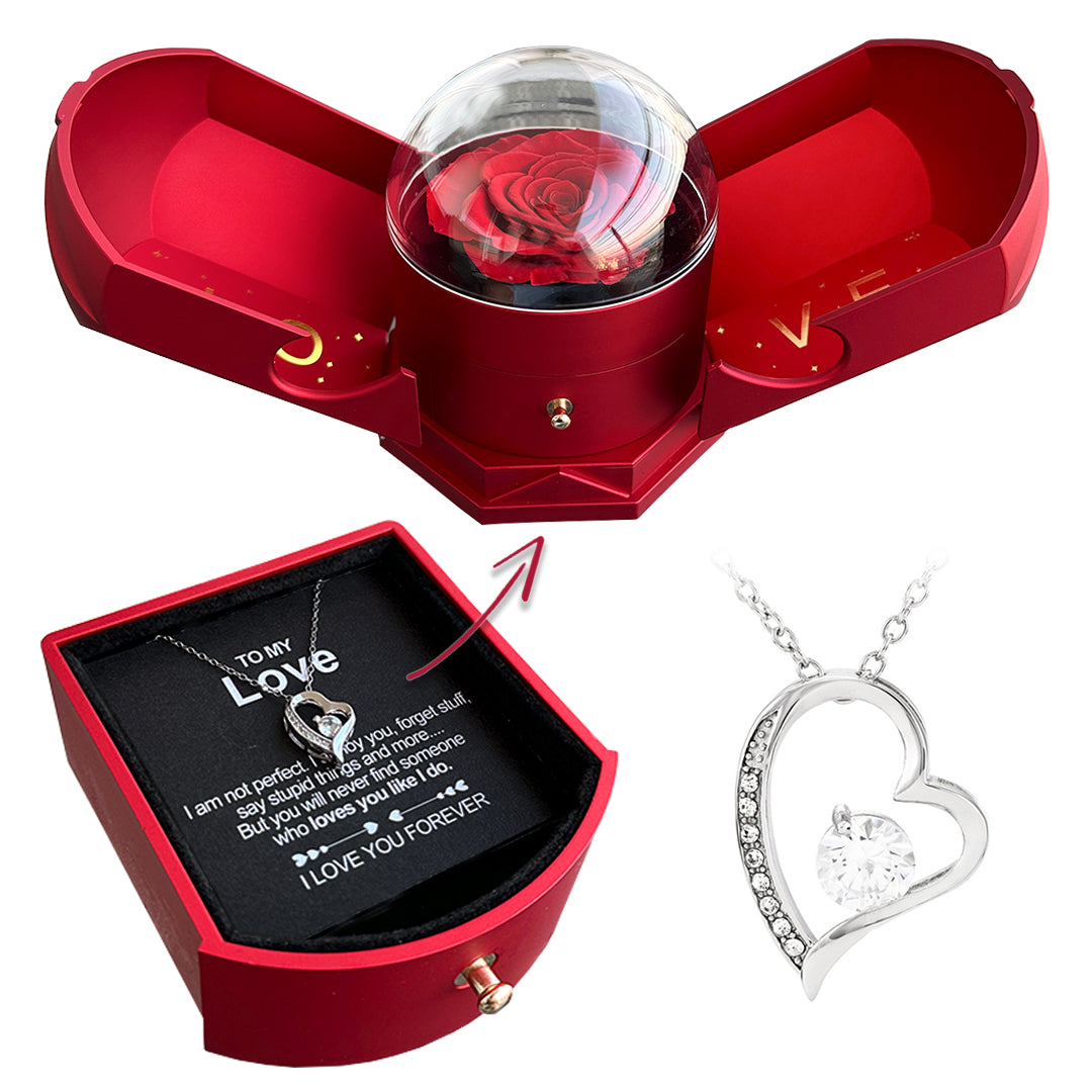 Eternal Rose Gift Box with Diamond Heart Necklace – Romantic Keepsake Gift Set for Her