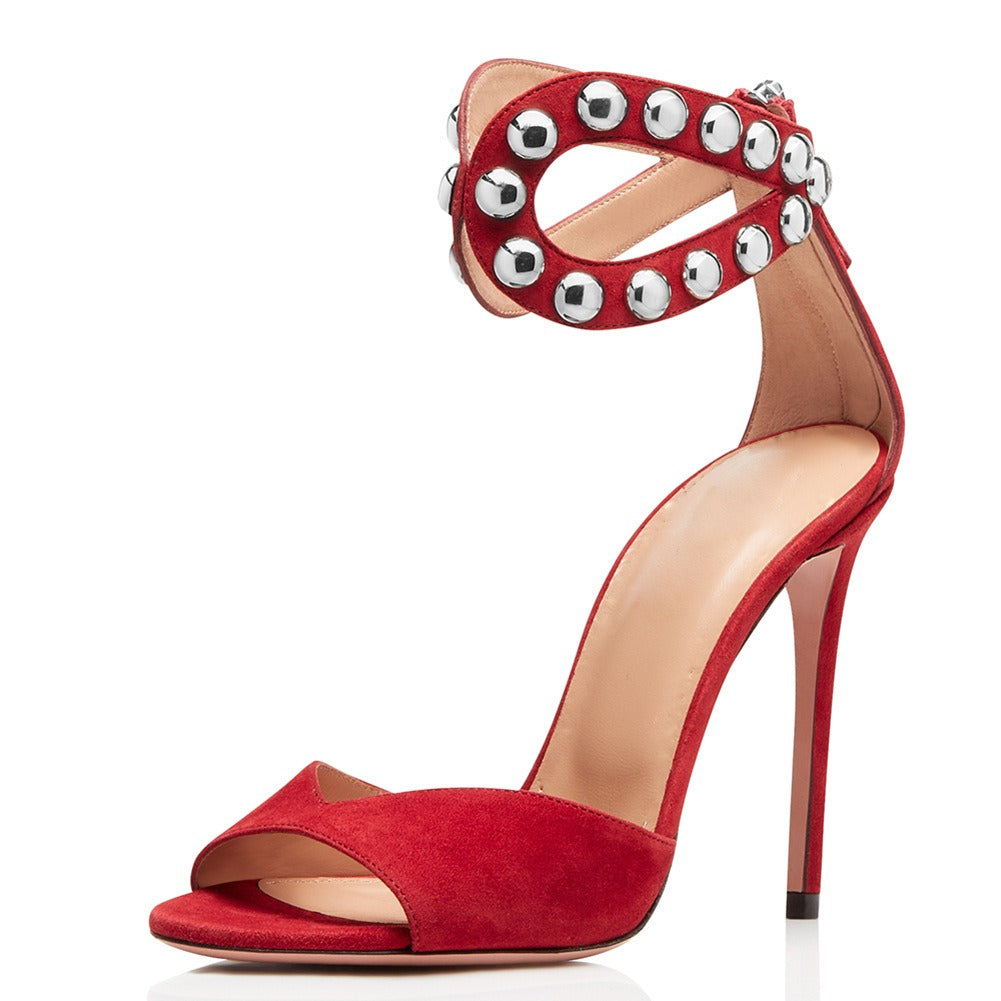 Black Red Rivet High Heel Sandals, Oversized Womens Banquet Fashion Shoes