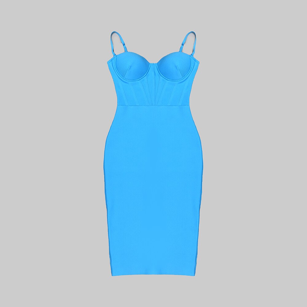 JUNE LIPS Latest Fashion Women New Arrival High Quality Blue Straps Knee Length Bandage Dress Party Evening Dress Wholesale