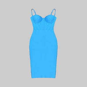 JUNE LIPS Latest Fashion Women New Arrival High Quality Blue Straps Knee Length Bandage Dress Party Evening Dress Wholesale