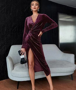 Fashion V Neck Long Sleeve Slit French Evening Sexy Dress