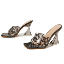 Load image into Gallery viewer, Leopard grain PVC Jelly Slippers Crystal Open Toe Perspex High Heels Women Transparent Heel Sandals Slippers
