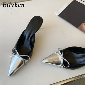 Spring New Pointed Toe Women Slipper Fashion Butterfly-knot Shallow Slip On Ladies Mules Shoes Thin High Slides