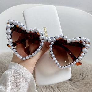 Fashion Retro Heart-Shaped Imitation Pearl Frame Sunglasses UV400 Women Cat Eye Pink Eyewear Trendy Beach Party  Sun Glasses