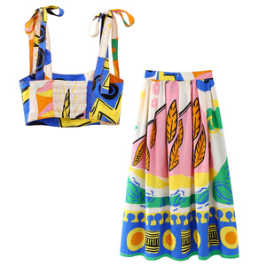 New European and American Style Printed Drawstring Top With Wide Swing Skirt