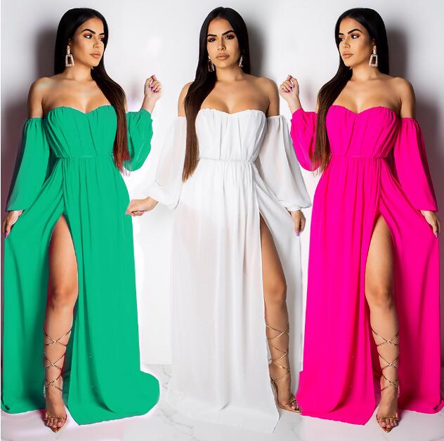 Boho Summer Maxi Dress Women Off Shoulder Long Sleeve White Chiffon Beach Dress Sexy High Split Elegant Long Party Dresses