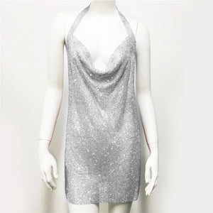 Women Party Dress Sexy Low Cut Rhinestone Tether Halter Neck Dress Spice Girl Skirt