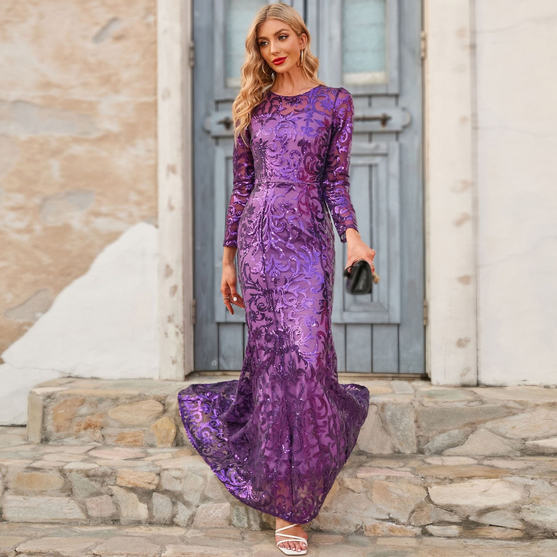 Spring and Autumn Sequined Dress Round Neck Elegant Long Evening Dress