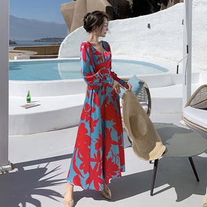 Women Vintage Red Blue Printed Maxi Dress Deep V-Neck Backless Lantern Sleeve High Waist Holiday Long Dress