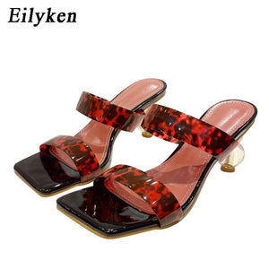 Summer Square Toe Ladies Slippers PVC Transparent Crystal Strange Style Clear Heel Women Leopard Grain Slides