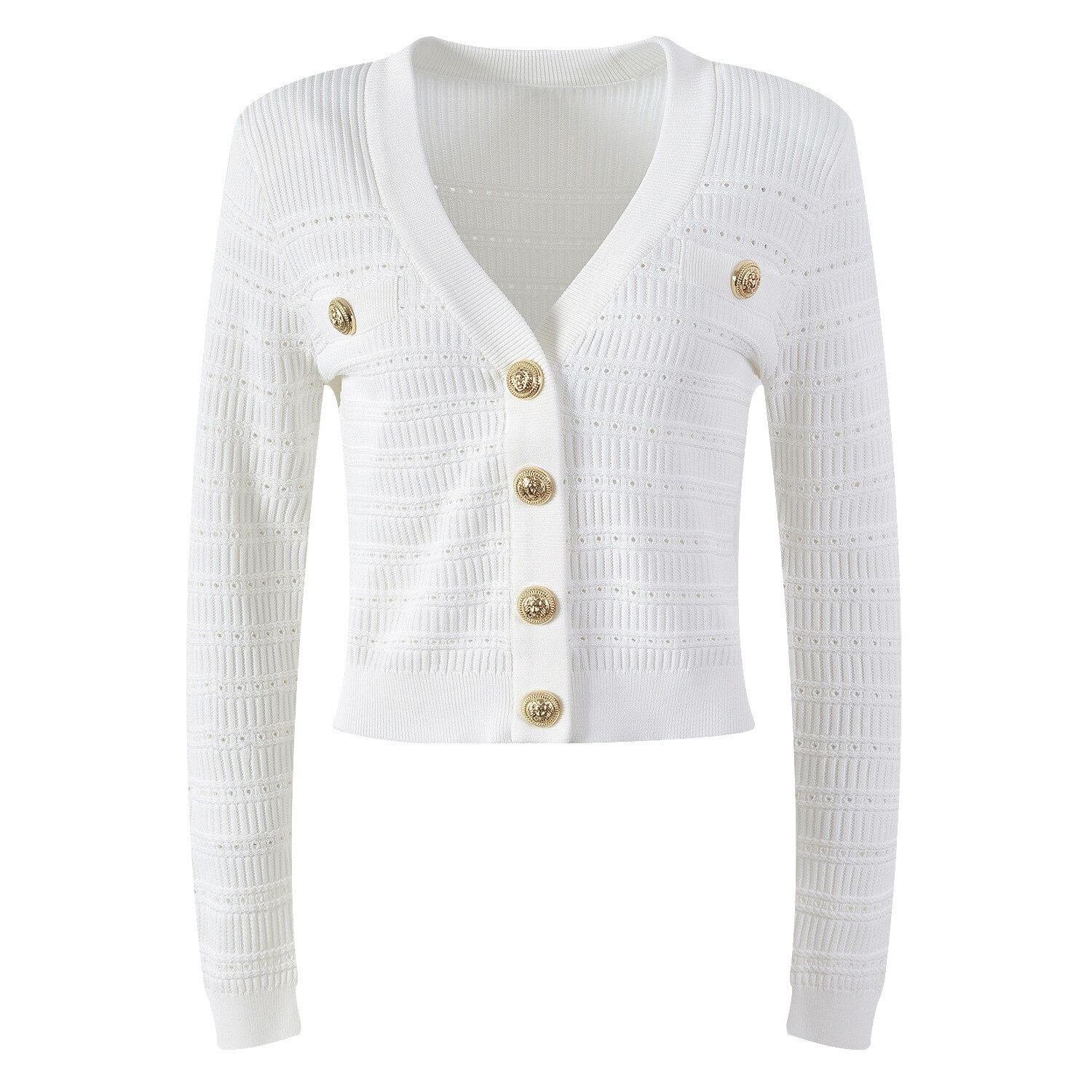 Spring New In Knitwears 2023 Luxury Designer Gold Buttons V-neck Long Sleeve Knitted Sweater Women Casual White Black Cardigans
