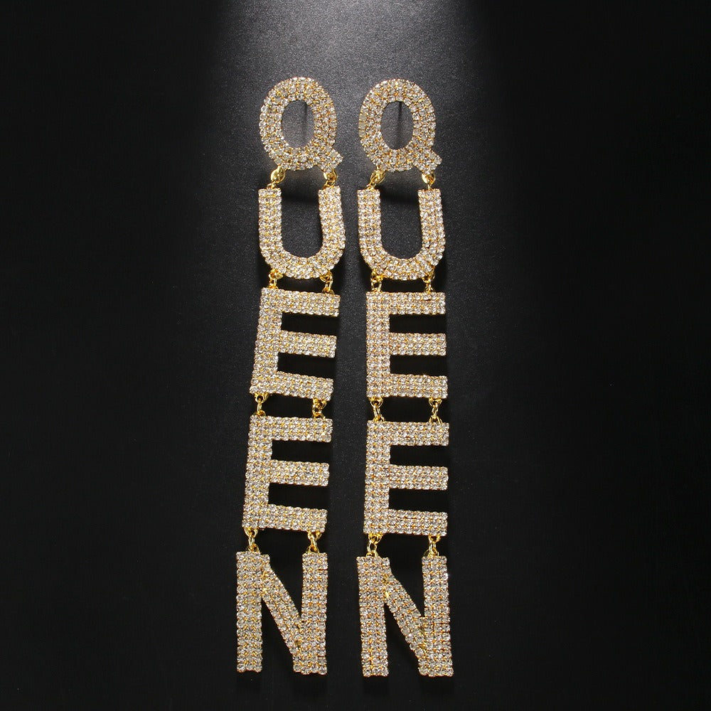 QUEEN Letter Earrings Exaggerate Personality Long Full Diamond Earrings