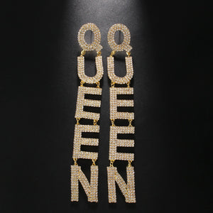 QUEEN Letter Earrings Exaggerate Personality Long Full Diamond Earrings