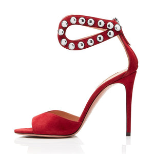 Black Red Rivet High Heel Sandals, Oversized Womens Banquet Fashion Shoes