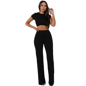 New Fashion Casual Suit Women's High Elastic Cotton Pit Strip Wide Leg Pants Two-Piece Set