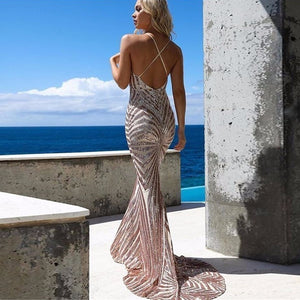 Elegant Deep V Neck Party Dresses Gold Sequined Maxi Dresses Backless Bodycon Evening Club Mermaid Dress