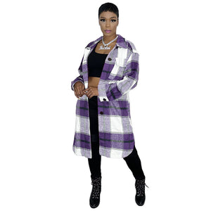 ANJAMANOR Elegant Fashion Checkered Coat Women Autumn Winter Clothing  Single Breasted Long Flannel Plaid Jacket D74-DG57